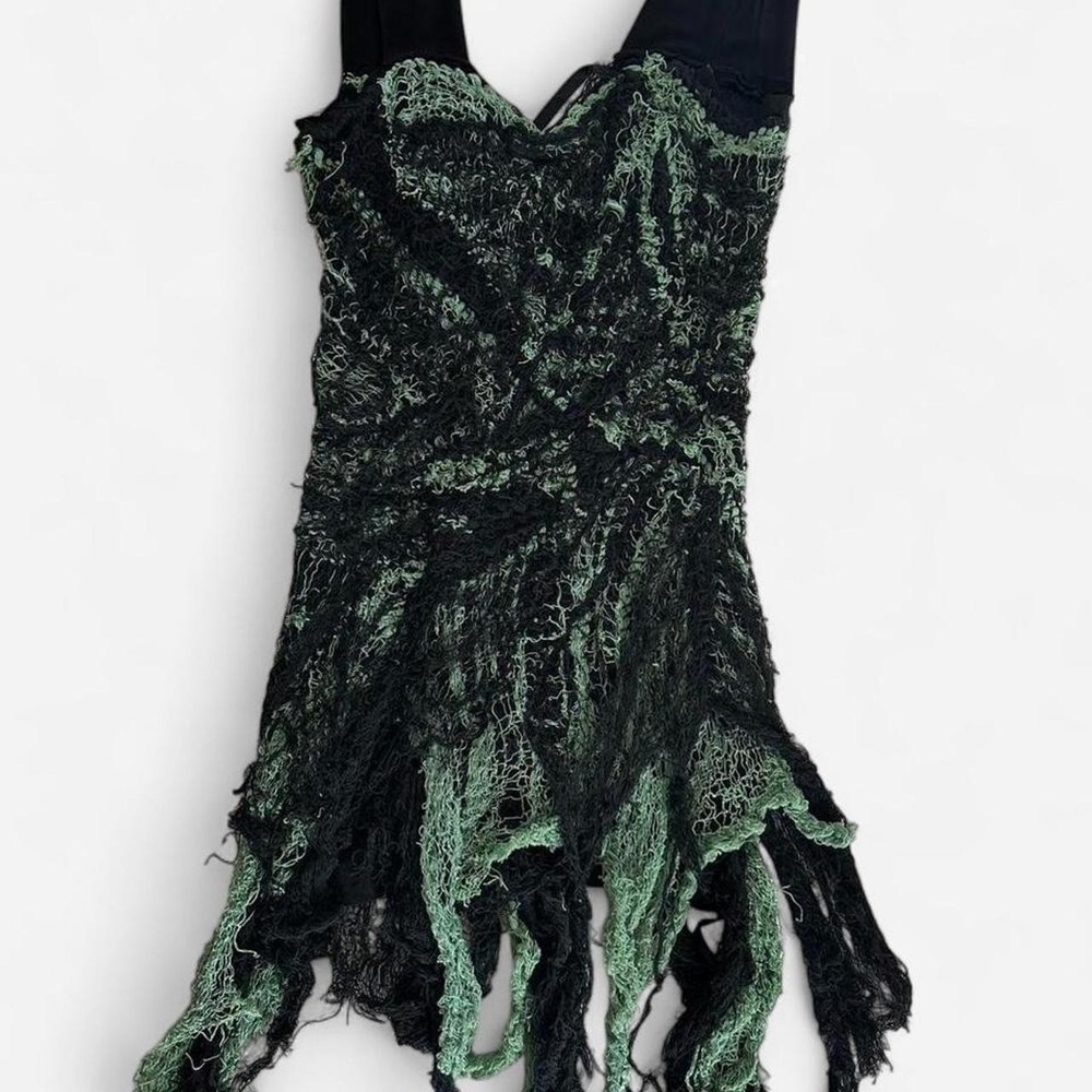 Distressed Fairycore Corset Mini Dress Black Green Shredded Grunge Tattered OS